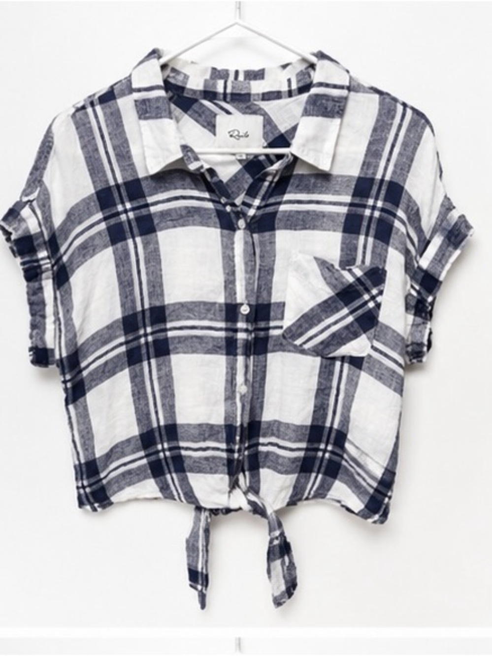 Rails Blue & White Plaid Tie Front Linen Blend Button Down Top Size Large